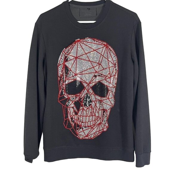 Skull Rhinestone Sweatshirt L Black Grunge Punk Rock n Roll Festive Holiday Chic - Picture 1 of 10